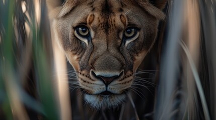 Fototapeta premium A close-up of a lioness's face captures its intense gaze amidst tall grass, showcasing its majestic features, Perfect for wildlife conservation projects, animal education materials