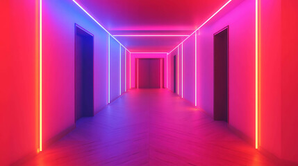 Fototapeta premium Neon pink and blue lights illuminate a hallway with closed doors.