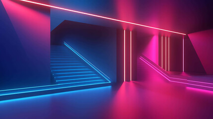 Neon lights in an empty room with a staircase.