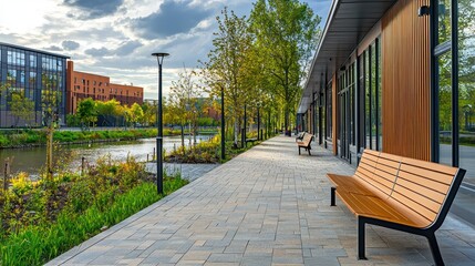 A riverside promenade with benches and coverings made of weather-resistant fiber cement siding, designed for long-term outdoor use