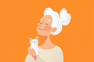 Elderly woman enjoying company of a white cat