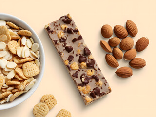 Una barra energética de snack de cereales proteicos y sus ingredientes sobre un fondo plano 