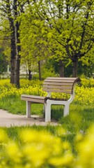 A photo of a concrete bench in a park. The bench is situated near a tree, with lush green leaves. There's a path leading to the bench. The background contains other benches and trees. 