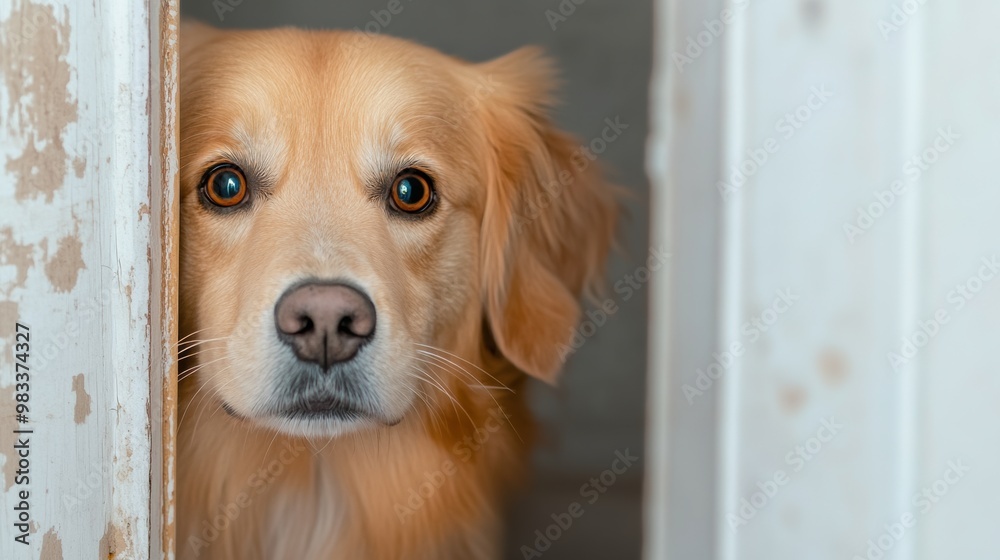 Poster A dog peeking out of a door with its tongue hanging out, AI