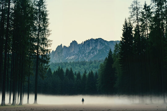 Person strolls through misty dawn forest