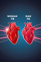 Two hearts side by side display faster heartbeat for the woman's heart with 78 bpm, and mans 70 bpm