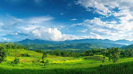 A panoramic view of the lush, green terraced fields in northern Thailand, with distant mountains and clouds in the background