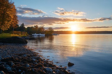 Golden Sunset Over Calm Lake with Rocky Shore and Autumn Trees