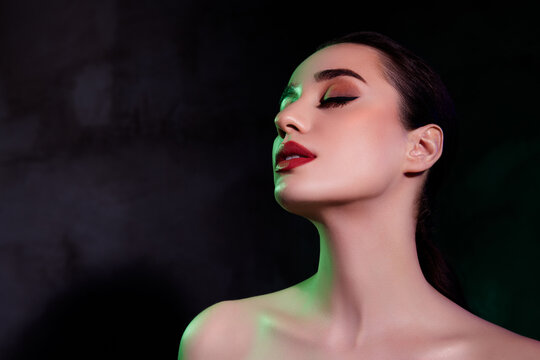 Photo of sweet passionate girl naked shoulders preparing event isolated black color background