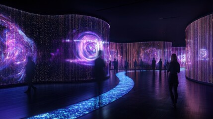 Futuristic Interactive Art Installation with Glowing Lights and Silhouettes