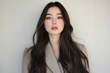 Fototapeta premium Young Woman in a Modern Portrait – Radiating Confidence and Beauty with a Natural, Polished Look Perfect for Branding, Advertising, and Professional Projects Minimalist Neutral Aesthetics