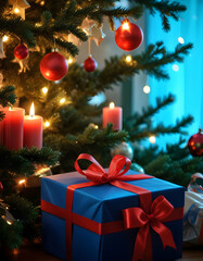 A close-up view of a Christmas tree decorated with ornaments, lights, and a gift box wrapped in blue paper with a bow