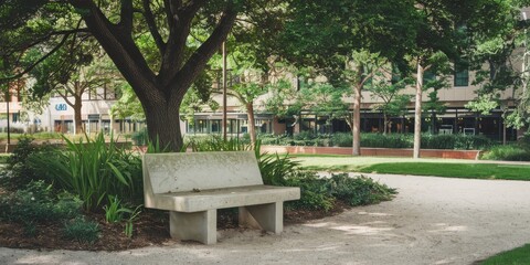 A photo of a concrete bench in a park. The bench is situated near a tree, with lush green leaves. There's a path leading to the bench. The background contains other benches and trees. 