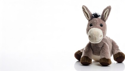 Obraz premium Stuffed animal of a donkey or mule. cute, adorable, plush, soft, companion friend and night time sleep toy for young boy and girl children. Isolated on white background with copy space