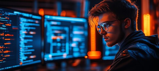 Focused Male IT Professional Monitoring Code on Multiple Screens in Dark Room, Generative AI