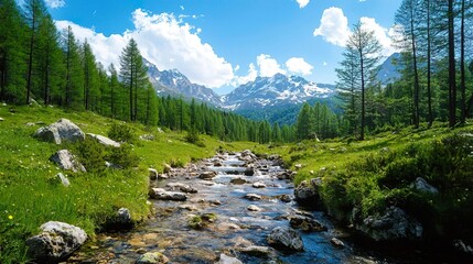 Obraz premium A mountain stream in the Italian Alps flows through an alpine forest, surrounded by rocks and lush vegetation