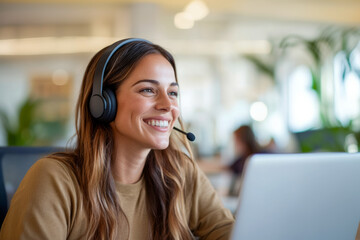 Smiling Woman Wearing Headset in Office Environment