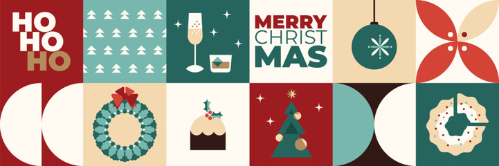 Christmas geometric seamless pattern, mosaic elements. Christmas symbols, bauhaus style
