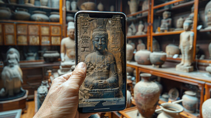 An augmented reality app being used in a historical museum, overlaying information on ancient artifacts