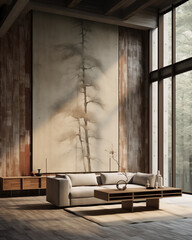 Japandi rustic minimalist luxury apartment with high ceiling, in neutral tones with large art frame