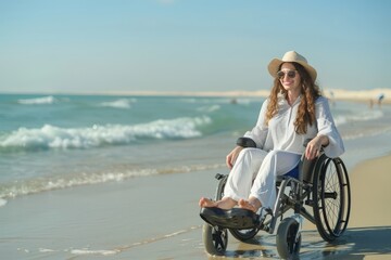 A woman in a wheelchair is sitting on the beach, generative ai