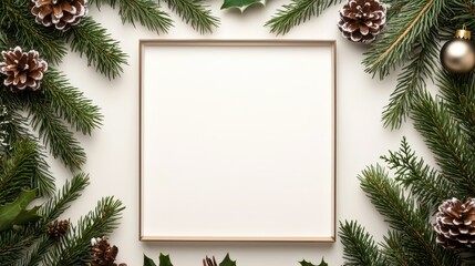 Fototapeta premium Christmas Mockup with Pine Branches Pine Cones and Gold Ornament