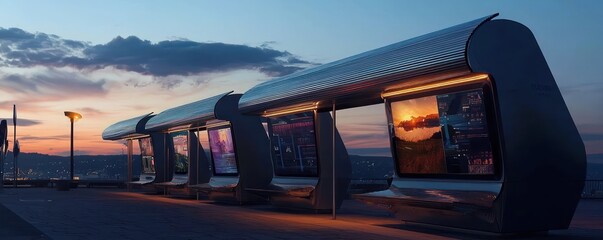 A series of futuristic bus shelters with aluminum siding roofs designed to harvest solar energy, powering integrated lighting and digital display systems