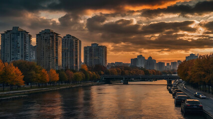 sunset over the river ، Tall buildings, reflection of buildings and trees. On the lake, light of clouds ،High rise buildings