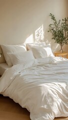 Sun-drenched bedroom with white bedding, boho interior design of a modern, minimalist apartment