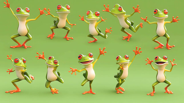 A collection of cartoon frogs in different fun poses, perfect for a whimsical design.