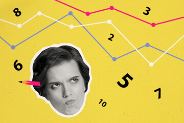 Photo collage artwork minimal picture of doubtful ponder lady trying solve math examples isolated...