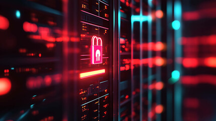 Obraz premium A server rack with a glowing padlock icon representing data security and protection.