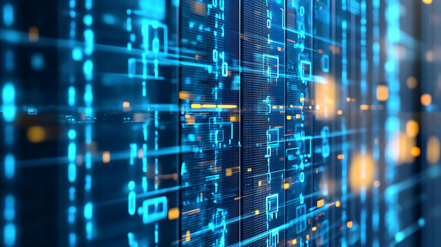 Abstract digital background with binary code and glowing lines.