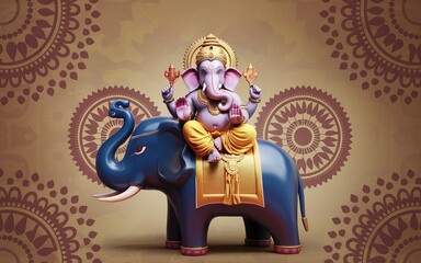 Fototapeta premium A 3D rendering of Lord Ganesha, the Hindu god of wisdom and prosperity, sitting on an elephant against a background of ornate mandalas. Generative-AI