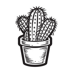 Silhouette of a Cactus in pot, vector illustration, Cactus and succulent line style cartoon vector illustration. Decorative flower plant in pot