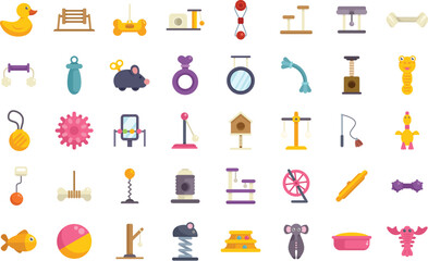 Colorful set of different tools for playing with pets, taking care of animals, training and entertaining them at home or in a veterinary clinic