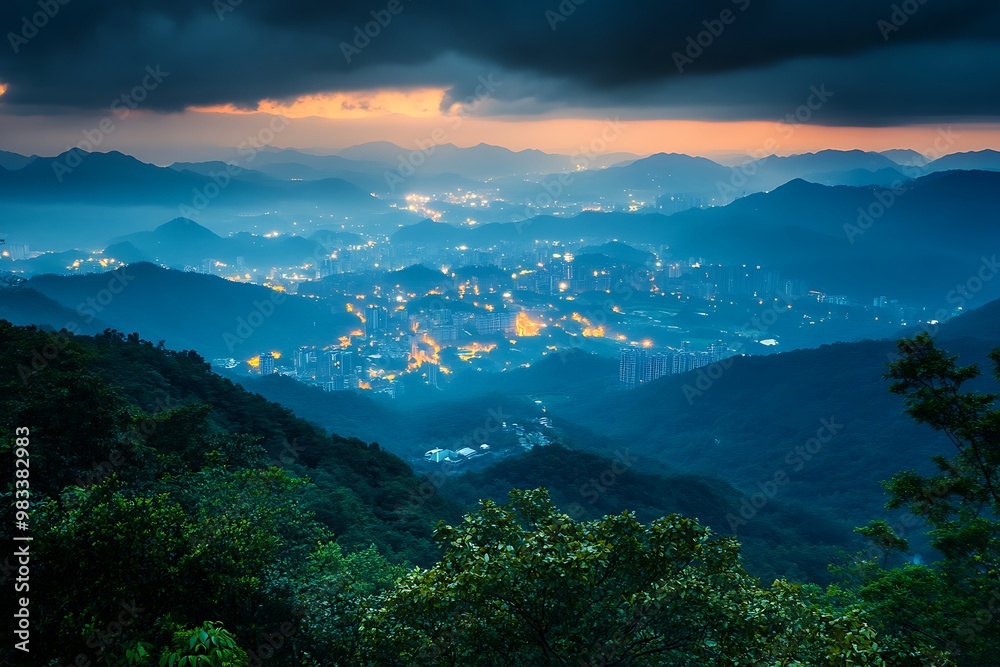 Sticker Aerial View of City Lights in the Valley with Mountains in the Background at Night