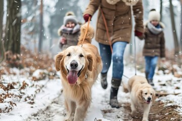 A man and woman are walking their dogs in the snow, generative ai