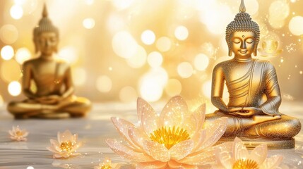 Fototapeta premium Golden Buddha Statue with Lotus Flowers and Bokeh Lights