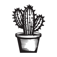 Silhouette of a Cactus in pot, vector illustration, Cactus and succulent line style cartoon vector illustration. Decorative flower plant in pot