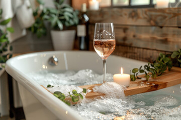 An image of a serene bathtub scene with a glass of sparkling rosé wine on a wooden bath tray. 