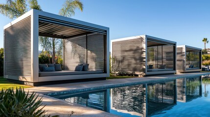 A series of luxury poolside cabanas made from aluminum siding, designed to reflect the sunlight and provide a cooling, private space for guests