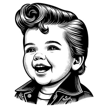 recommend clip art: smiling baby with a retro pompadour hairstyle, vintage vibe and classic charm sketch engraving generative ai fictional character PNG illustration. Scratch board imitation. Black and white image.