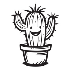 Silhouette of a Cactus in pot, vector illustration, Cactus and succulent line style cartoon vector illustration. Decorative flower plant in pot