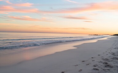 Fototapeta premium A beautiful sunset over a calm beach with soft sand, gentle waves, and pink and blue skies. Generative-Ai