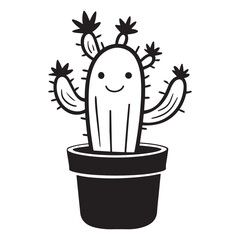 Silhouette of a Cactus in pot, vector illustration, Cactus and succulent line style cartoon vector illustration. Decorative flower plant in pot
