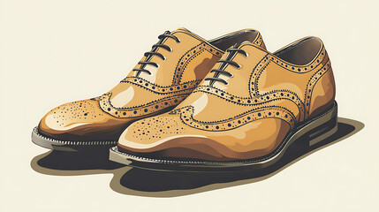 A pair of tan brogue shoes with black laces.