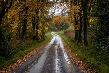 Fototapeta premium Autumn Country Road with Trees and Fallen Leaves