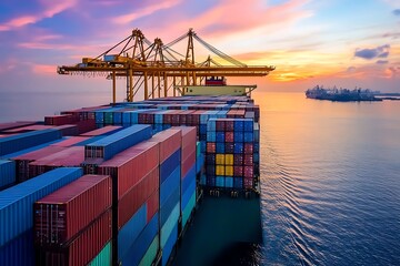 Aerial view of container ship at sunset with gantry cranes loading or unloading containers. Concept of global logistics, international trade, and import/export business