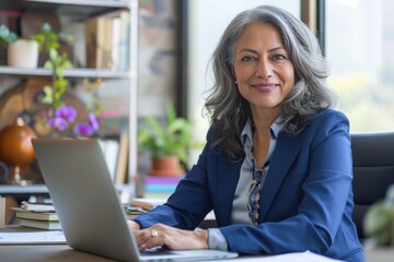 Happy smiling middle aged professional business woman company executive ceo manager wearing blue suit sitting at desk in office working on laptop computer